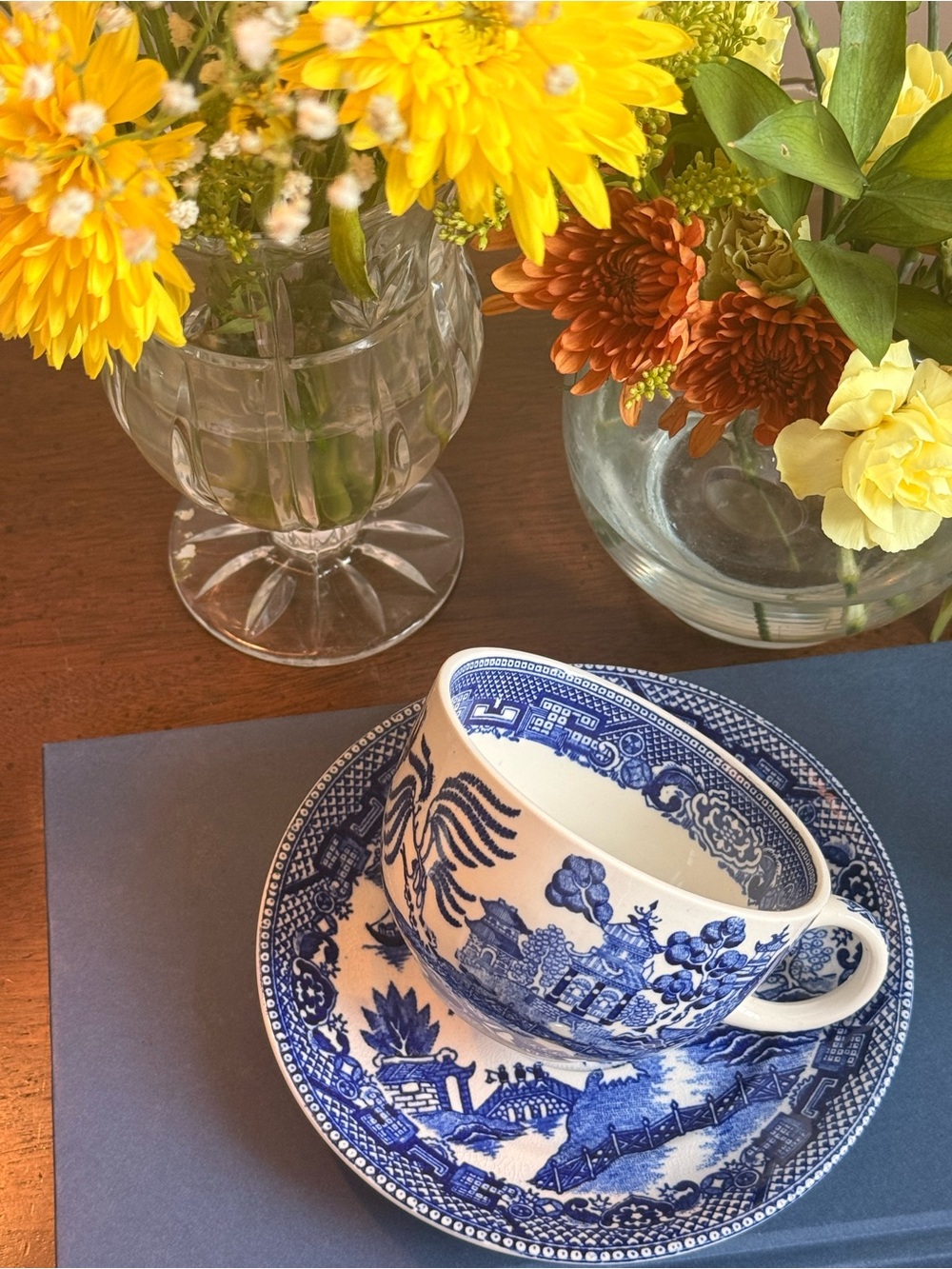 Blue and White Willow-Style Teacup and Saucer Set